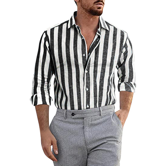 Men Fashion Casual Striped Print Cotton Linen Buckle Turn Down Collar Long Sleeve Shirt